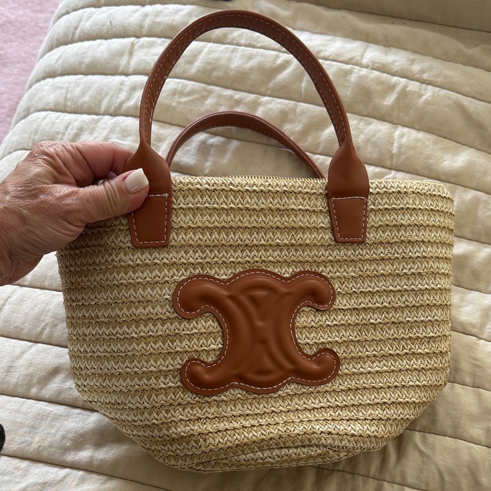 Woven Straw Top-Handle Tote with Tan Leather Accents